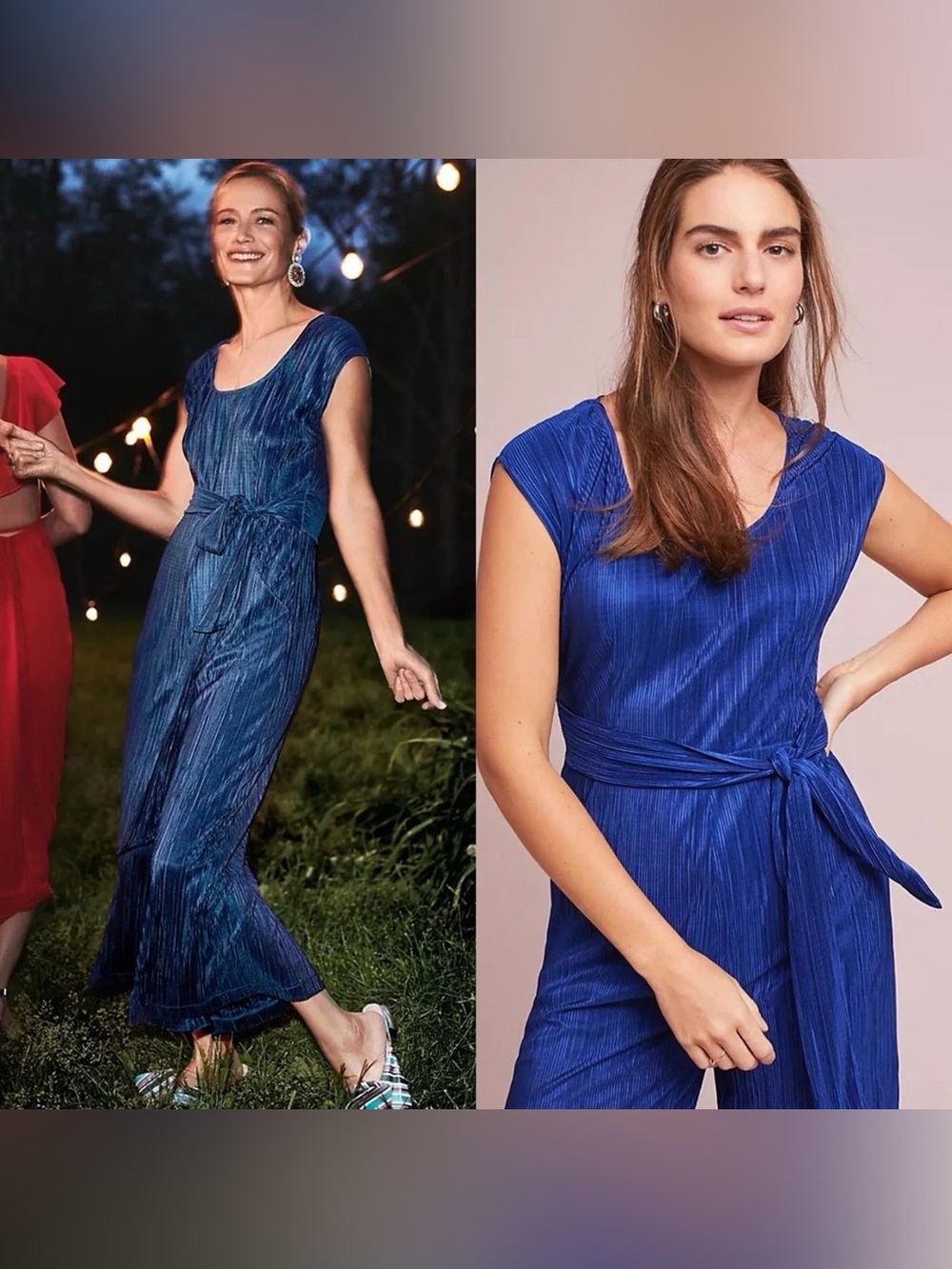 Anthropologie Maeve Sonata Blue Pleated Jumpsuit Women's Sz 4P Wide Leg Belted